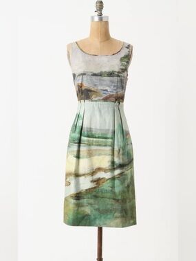Anthropologie Vintage Odille Watercolor Print Sheath Spring Summer Dress